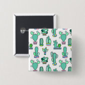 真新しい緑のサボテン及び水気が多い植物パターン 缶バッジ (正面&裏面)
