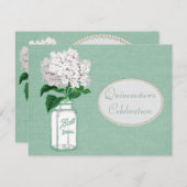 真新しい緑のバーラップ、瓶及びアジサイキンセアニェラ 招待状 (正面/裏面)