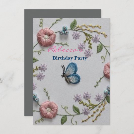 真新しい緑のピンクの刺繍の花の青い蝶 招待状 (正面/裏面)