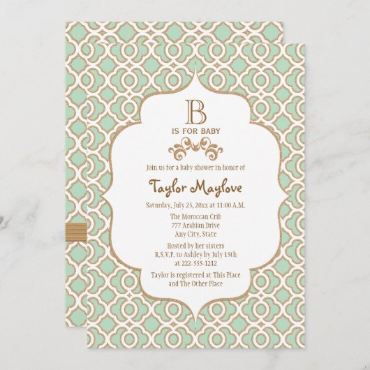 真新しい緑のモロッコの男女兼用なベビーシャワー 招待状 (正面/裏面)