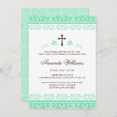 真新しい緑のレースの女の子の最初聖餐の確認 招待状 (正面/裏面)