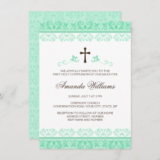 真新しい緑のレースの女の子の最初聖餐の確認 招待状 (正面/裏面)