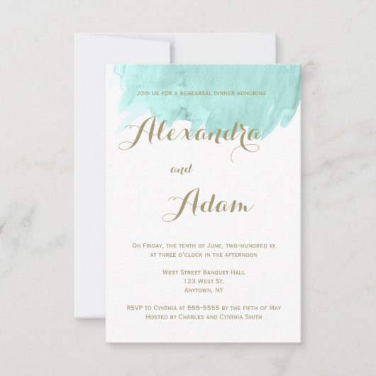 真新しい緑の水彩画のリハーサルの夕食の招待状 招待状 (正面)