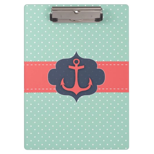 真新しい緑の水玉模様の珊瑚のピンクのいかり クリップボード (正面)