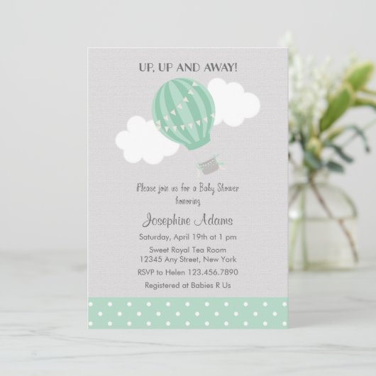 真新しい緑の熱気の気球のベビーシャワーの招待状 招待状 (スタンド正面)
