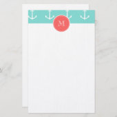 真新しい緑の白いいかりパターン、珊瑚のモノグラム 便箋 (正面/裏面)