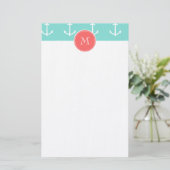 真新しい緑の白いいかりパターン、珊瑚のモノグラム 便箋 (スタンド正面)