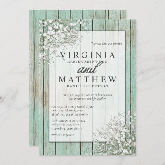 真新しい緑の素朴なベビーの呼吸結婚式招待状 招待状 (正面/裏面)