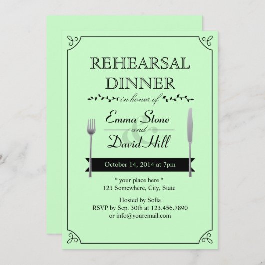 真新しい緑の結婚式のリハーサルの夕食の招待状 招待状 (正面/裏面)