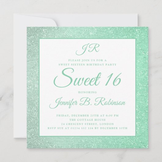 真新しい緑の菓子16の誕生日のモノグラムのグリッター 招待状 (正面)