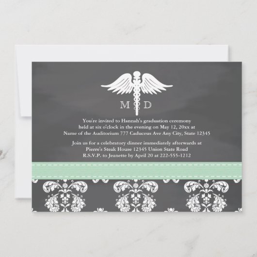 真新しい緑の衛生学校の卒業の黒板 招待状 (裏面)