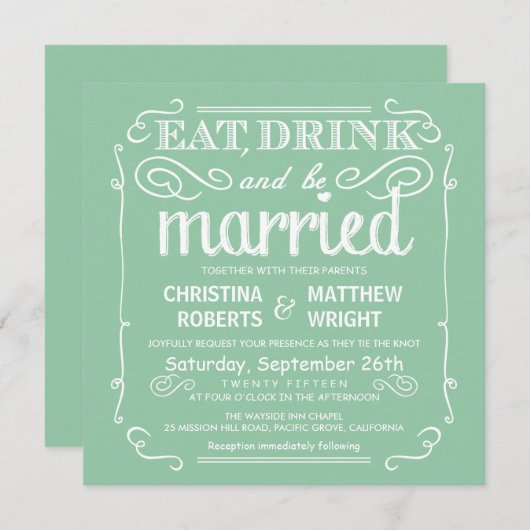 真新しい緑は飲み物を食べ、結婚したな結婚式の招待です 招待状 (正面/裏面)