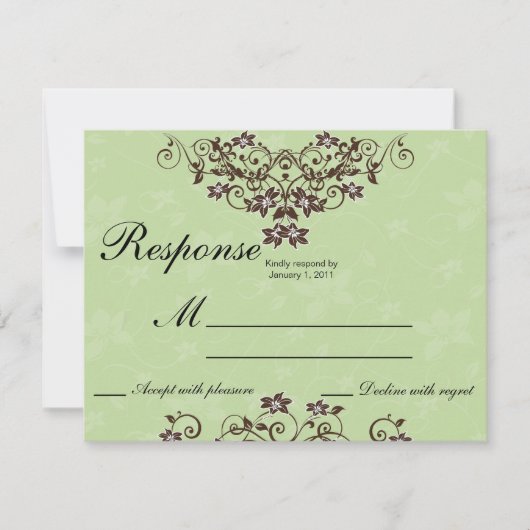 真新しい緑及びチョコレート色の花の結婚RSVP 出欠カード (正面)