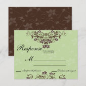 真新しい緑及びチョコレート色の花の結婚RSVP 出欠カード (正面/裏面)