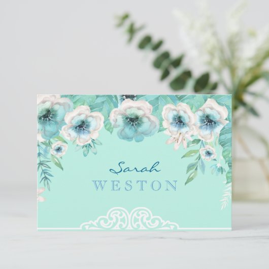 真新しい緑及び白い水彩画の花は感謝していしています サンキューカード (スタンド正面)