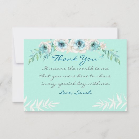 真新しい緑及び白い水彩画の花は感謝していしています サンキューカード (裏面)