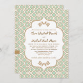 真新しい緑金ゴールドのモトッコ人の結婚式招待状 招待状 (正面/裏面)