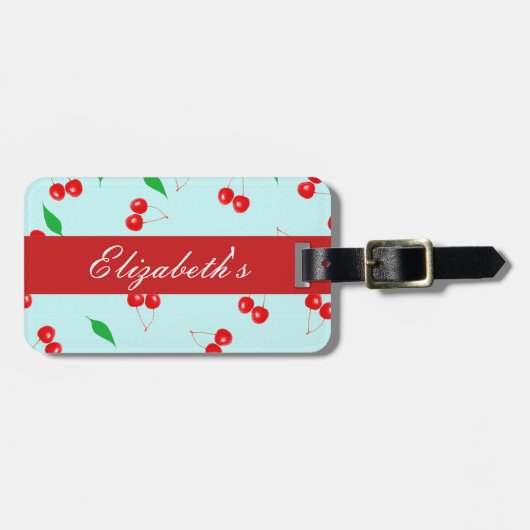 真新しい背景の新しいピンクのさくらんぼ ラゲッジタグ (正面横)