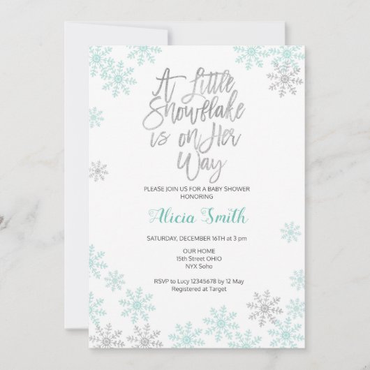 真新しい銀製の冬の不思議の国の女の子のベビーシャワー 招待状 (正面)