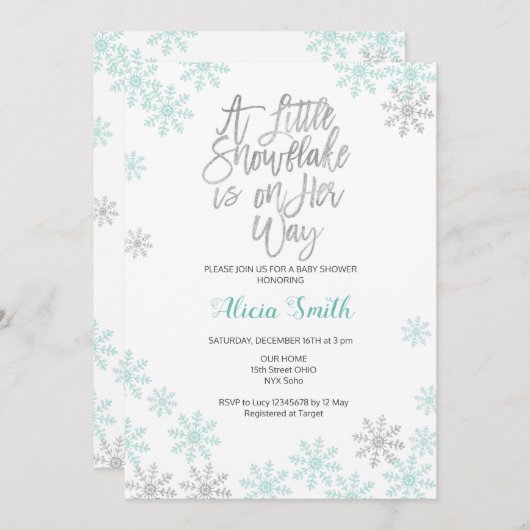 真新しい銀製の冬の不思議の国の女の子のベビーシャワー 招待状 (正面/裏面)