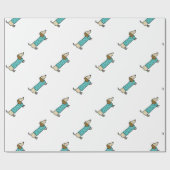 真新しい青のかわいいダックスフント ラッピングペーパー (フラット)