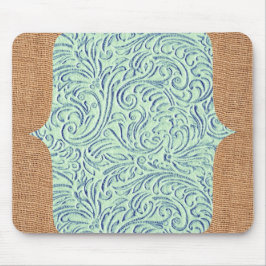 真新しい青緑のヴィンテージScrollwork + バーラップのデザイン マウスパッド
