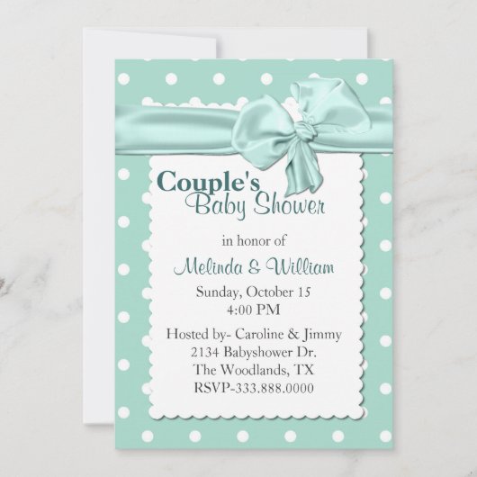 真新しく及び白い水玉模様のカップルのベビーシャワー 招待状 (正面)