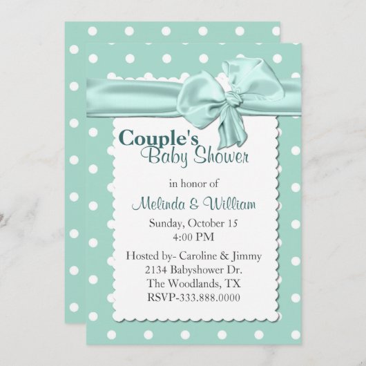 真新しく及び白い水玉模様のカップルのベビーシャワー 招待状 (正面/裏面)