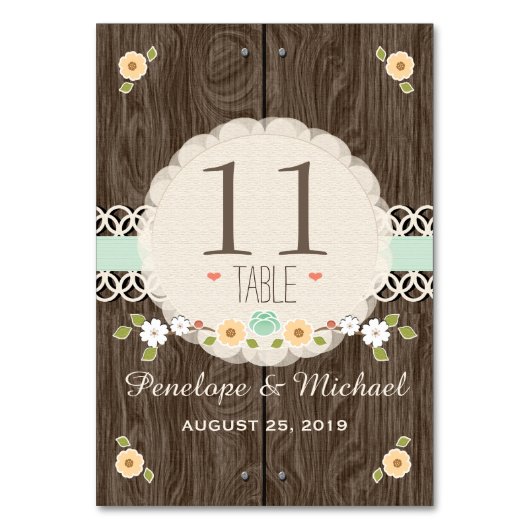 真新しく素朴な花柄BOHOの結婚式のテーブル数カード テーブルナンバー (正面)