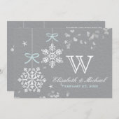 真新しく青および灰色の雪片の結婚式招待状 招待状 (正面/裏面)