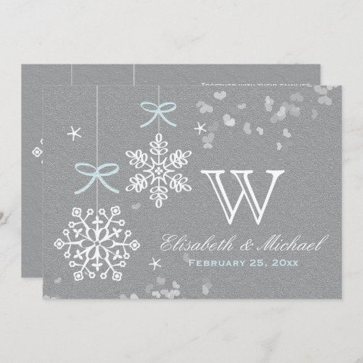 真新しく青および灰色の雪片の結婚式招待状 招待状 (正面/裏面)