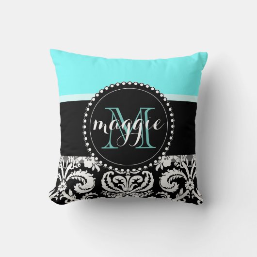 真新しく黒いダマスク織のガーリーなモノグラム クッション (正面)