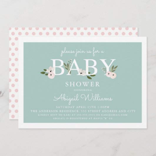 真新しく、ピンクの花のベビーシャワー 招待状 (正面/裏面)