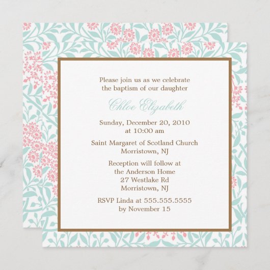 真新しく、珊瑚の花のダマスク織の《キリスト教》洗礼式や命名式 招待状 (正面/裏面)