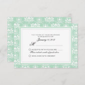 真新しく、白いダマスク織カスタムな結婚RSVP 出欠カード (正面/裏面)