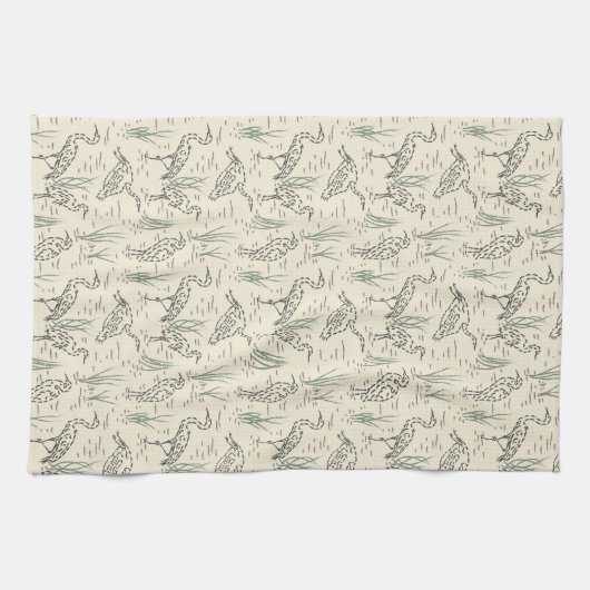 真昼のエグレット – 川に沿って – 鳥のパターン。 キッチンタオル (横)