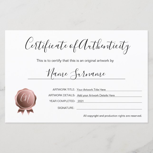 真正性アートワーク証明書 (正面)