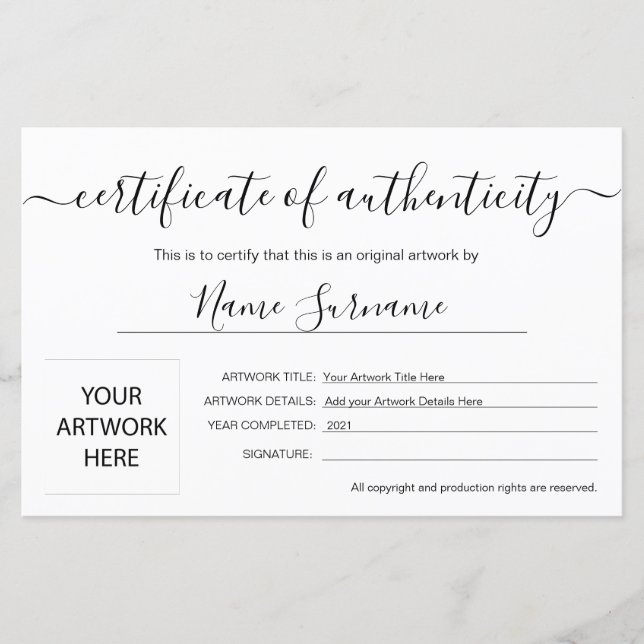真正性アートワーク証明書 (正面)