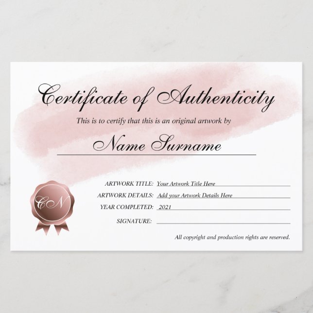 真正性アートワーク証明書 (正面)