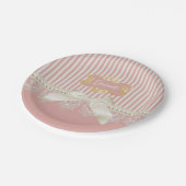 真珠およびレースのピンクのストライプのクリームの弓および名前 ペーパープレート (アングル)