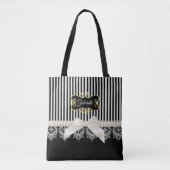 真珠およびレースの黒のストライプのクリームの弓金ゴールドの名前 トートバッグ (正面)
