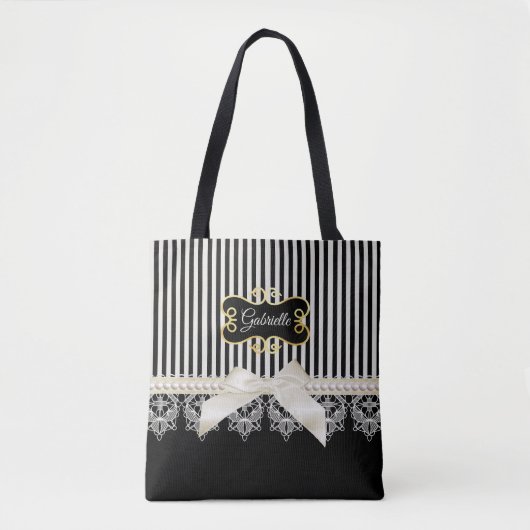 真珠およびレースの黒のストライプのクリームの弓金ゴールドの名前 トートバッグ (正面)