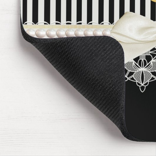 真珠およびレースの黒のストライプのクリームの弓金ゴールドの名前 マウスパッド (コーナー)