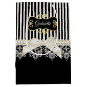 真珠およびレースの黒のストライプのクリームの弓金ゴールドの名前 ミディアムペーパーバッグ (正面)