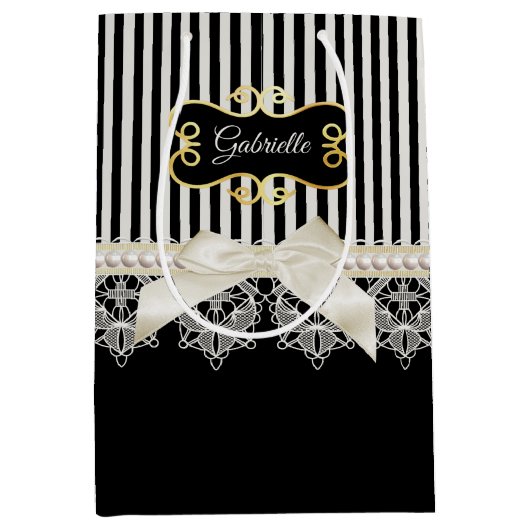 真珠およびレースの黒のストライプのクリームの弓金ゴールドの名前 ミディアムペーパーバッグ (正面)