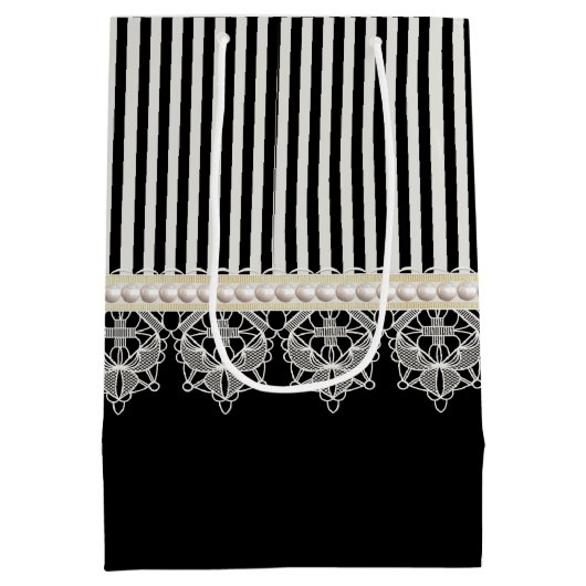 真珠およびレースの黒のストライプのクリームの弓金ゴールドの名前 ミディアムペーパーバッグ (裏面)