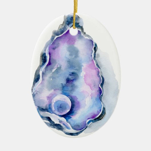 真珠が付いている水彩画のカキ貝 セラミックオーナメント (正面)
