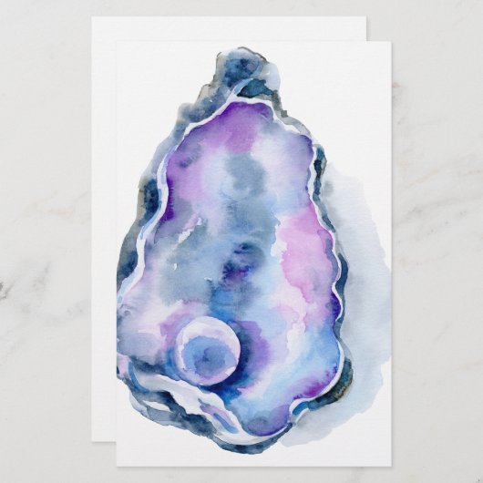 真珠が付いている水彩画のカキ貝 便箋 (正面/裏面)