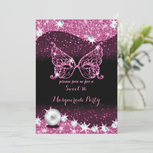 真珠でブラックとピンクの仮装の甘い16 招待状 (スタンド正面)