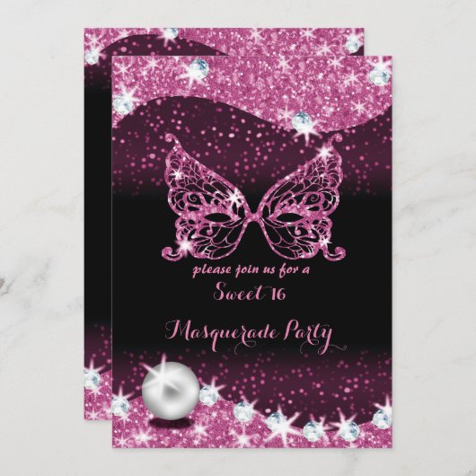 真珠でブラックとピンクの仮装の甘い16 招待状 (正面/裏面)
